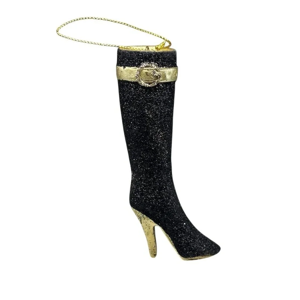 Pier 1 Vintage Black & Gold Glitter High Heel‎ Boot Ornaments Set of 2